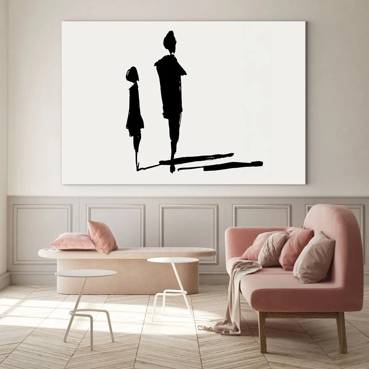 Glasbild - Bild auf glas - Schwarze Silhouetten zweier Figuren mit Schatten auf hellem Hintergrund - 100x70cm - Mit Sicherheit zusammen? - Moderne Wanddekoration für Wohnzimmer und Schlafzimmer ARTTOR