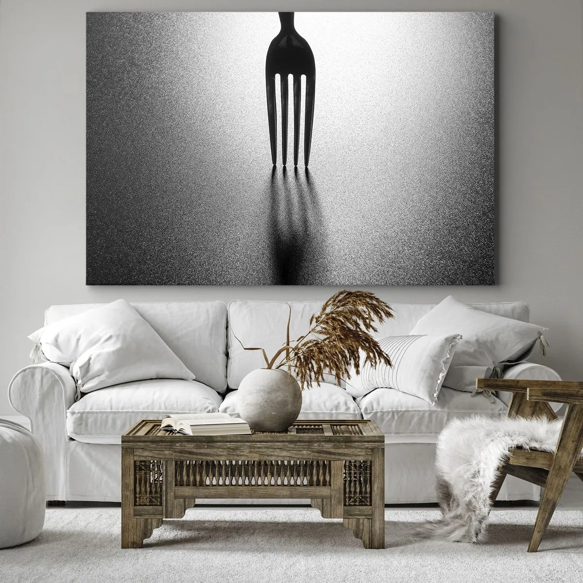 Bild auf Leinwand - Leinwandbild - Eine minimalistische Interpretation einer Gabel in Schwarzweiß mit Schattenspiel. - 120x80cm - Licht und Schatten - Moderne Wanddekoration für Wohnzimmer und Schlafzimmer ARTTOR