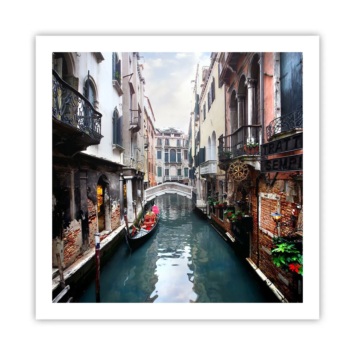 Poster - Venezianische Landschaft mit Gondel und Brücke - 60x60 cm