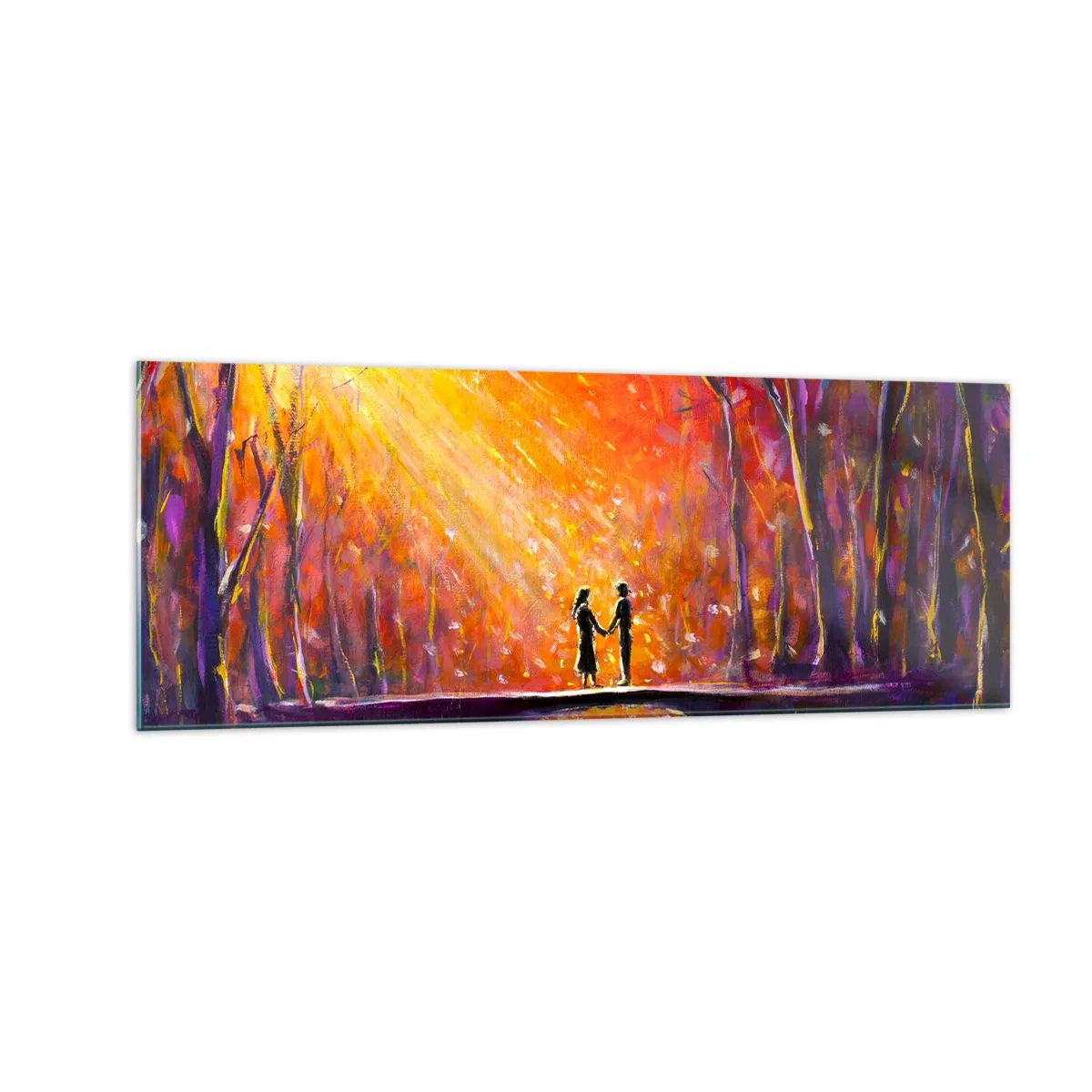 Glasbild - Bild auf glas - Romantisches Paar auf einer Brücke im herbstlichen Wald - 140x50cm - Der Himmel liebt sie auch - Moderne Wanddekoration für Wohnzimmer und Schlafzimmer ARTTOR