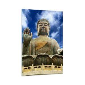 Glasbild - Bild auf glas - Eine monumentale Buddha-Statue vor einem blauen Himmel mit Wolken - 80x120cm - Leben ohne Angst - Moderne Wanddekoration für Wohnzimmer und Schlafzimmer ARTTOR