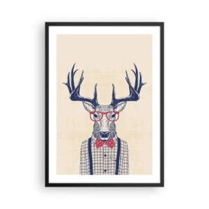 Poster in einem schwarzem Rahmen - Stilvoller Hirsch mit Brille und Fliege auf beigem Hintergrund - 50x70cm - Eine lustige Extravaganz - Moderne Wanddekoration für Wohnzimmer und Schlafzimmer ARTTOR