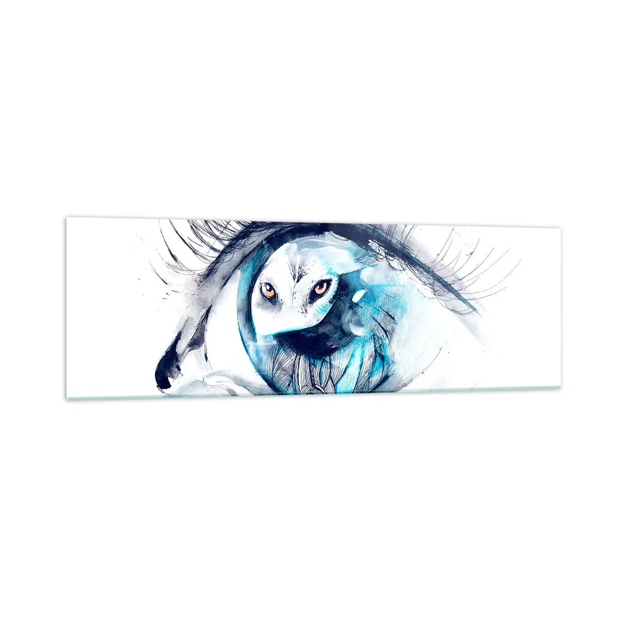 Glasbild - Bild auf glas - Ein Auge mit dem Bild einer Eule in Aquarell-Blautönen - 160x50cm - Auge in Auge mit Wildheit - Moderne Wanddekoration für Wohnzimmer und Schlafzimmer ARTTOR