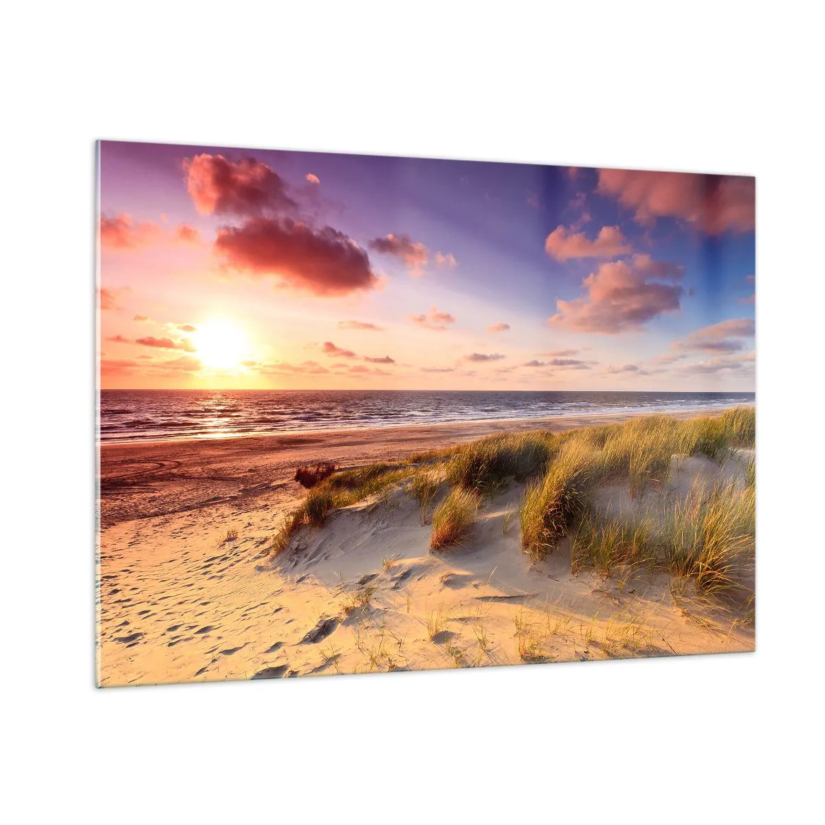 Glasbild - Bild auf glas - Strand mit Dünen bei Sonnenuntergang - 100x70cm - Die Luft riecht schon im Sommer - Moderne Wanddekoration für Wohnzimmer und Schlafzimmer ARTTOR