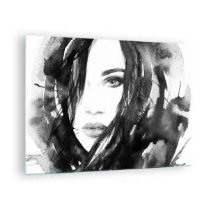 Glasbild - Bild auf glas - Weibliche Schwarz-Weiß-Aquarellporträts - 70x50cm - Porträt einer Dame in Schwarzweiß - Moderne Wanddekoration für Wohnzimmer und Schlafzimmer ARTTOR