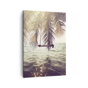 Bild auf Leinwand - Leinwandbild - Palme mit Schaukel über dem Wasser im Sonnenlicht - 50x70cm - Sie können nach Belieben in den Wolken schwingen - Moderne Wanddekoration für Wohnzimmer und Schlafzimmer ARTTOR