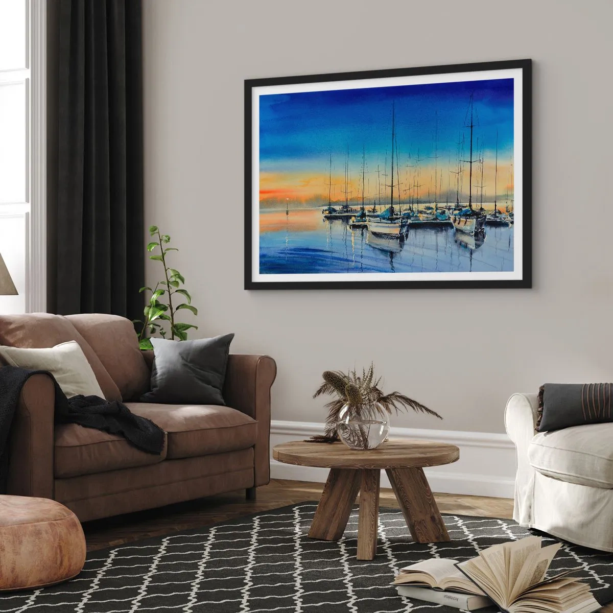 Poster in einem schwarzem Rahmen - Yachthafen bei Sonnenuntergang mit Spiegelungen auf dem Wasser - 70x50cm - Ende eines guten Tages - Moderne Wanddekoration für Wohnzimmer und Schlafzimmer ARTTOR