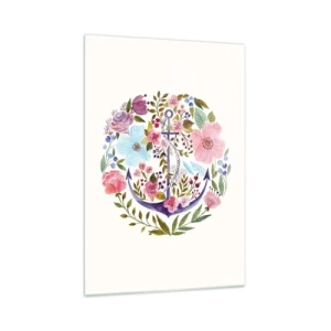 Glasbild - Bild auf glas - Ein Anker, umgeben von Aquarellblumen auf hellem Hintergrund - 70x100cm - Guter Traum eines Seemanns - Moderne Wanddekoration für Wohnzimmer und Schlafzimmer ARTTOR