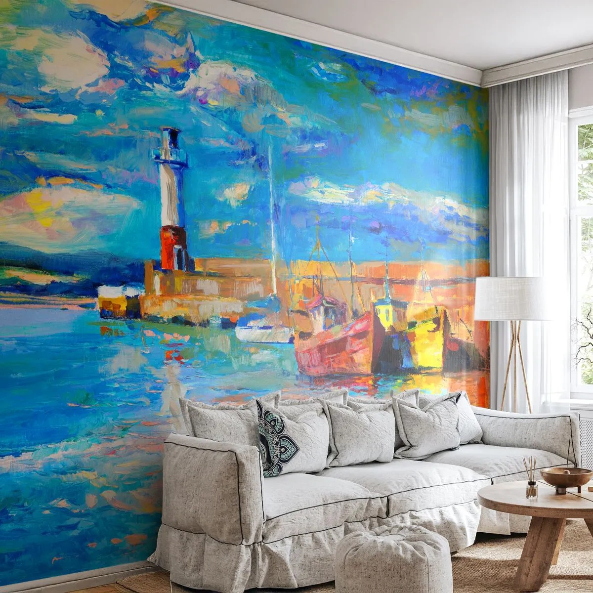 Fototapete Premium Sand - Bunte Hafenlandschaft mit Leuchtturm und Booten - 100x70cm - Ein Nachmittag in der Regenbogenbucht - Moderne Wanddekoration für Wohnzimmer und Schlafzimmer ARTTOR