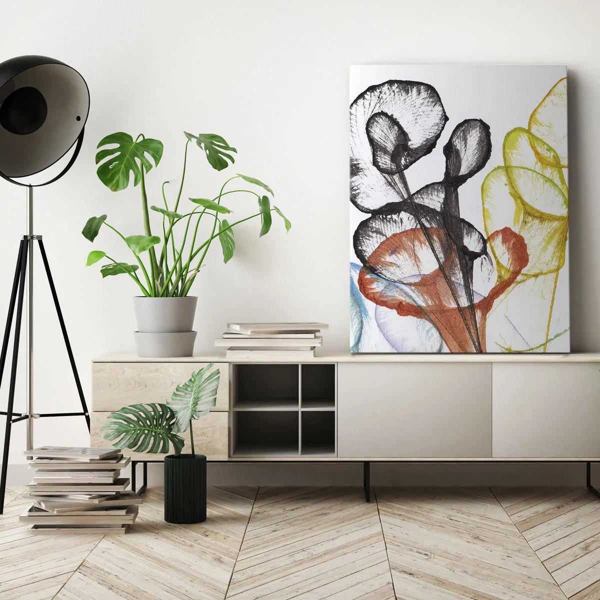 Bild auf Leinwand - Leinwandbild - Bunte transparente Blumen auf weißem Hintergrund - 70x100cm - Blumen mit Seele - Moderne Wanddekoration für Wohnzimmer und Schlafzimmer ARTTOR