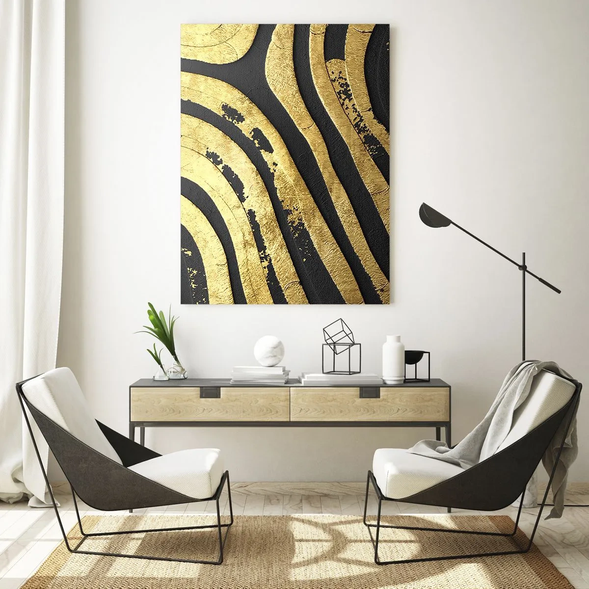 Glasbild - Bild auf glas - Goldene abstrakte Linien auf schwarzem Hintergrund im glamourösen Stil - 50x70cm - Alles fließt - Moderne Wanddekoration für Wohnzimmer und Schlafzimmer ARTTOR