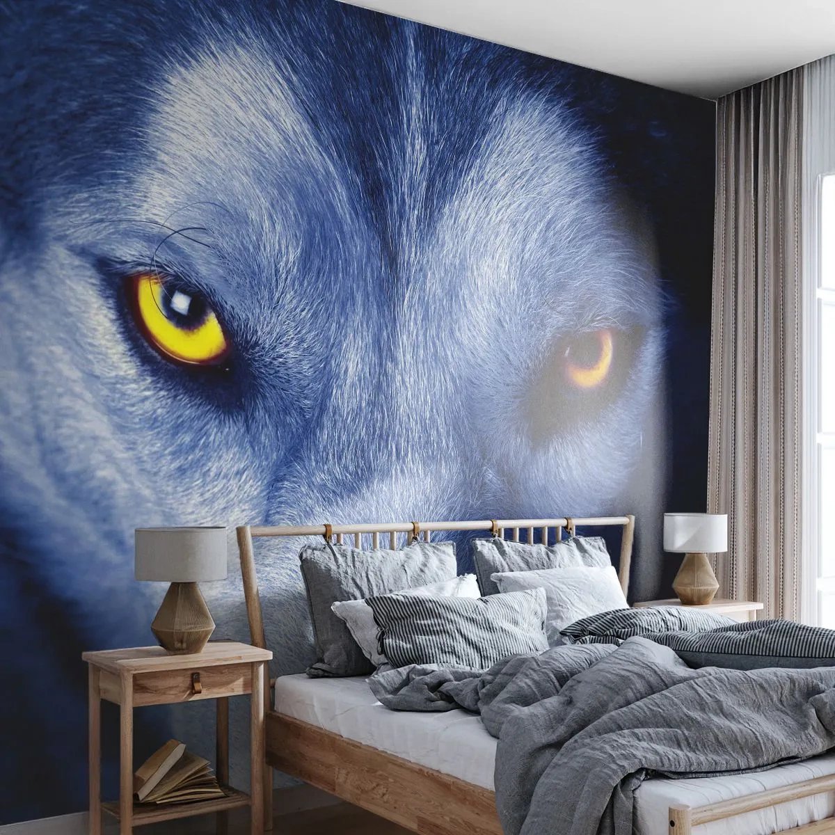 Fototapete Premium Sand - Der faszinierende Blick eines Wolfes vor dunklem Hintergrund - 100x70cm - Faszinierender Blick - Moderne Wanddekoration für Wohnzimmer und Schlafzimmer ARTTOR