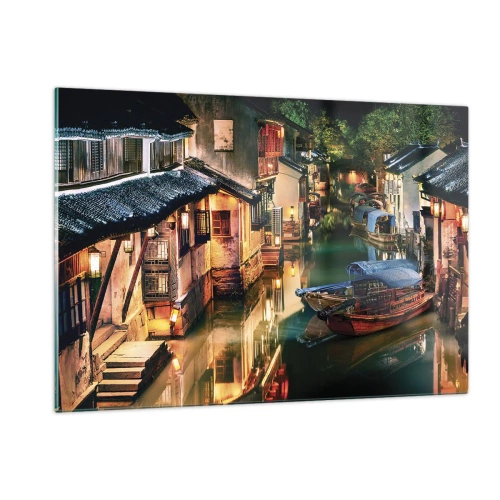 Glasbild - Bild auf glas - Chinesische Straße bei Nacht mit Booten und Lichtern entlang des Kanals - 120x80cm - Ein Abend auf einer chinesischen Straße - Moderne Wanddekoration für Wohnzimmer und Schlafzimmer ARTTOR