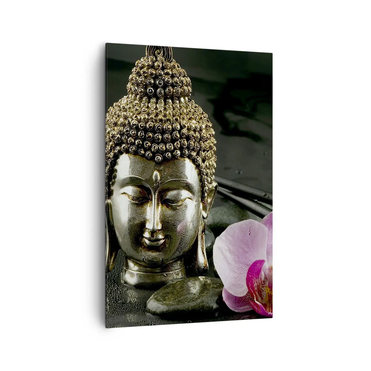 Bild auf Leinwand - Leinwandbild - Eine Buddha-Statuette mit Orchidee und Essstäbchen vor einem Hintergrund aus Steinen - 80x120cm - Harmonie von Weisheit und Schönheit - Moderne Wanddekoration für Wohnzimmer und Schlafzimmer ARTTOR