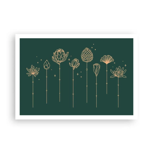 Poster - Goldene Zeichnungen von Kräutern auf dunkelgrünem Hintergrund - 100x70cm - Familie ZIÓŁkowski - Moderne Wanddekoration für Wohnzimmer und Schlafzimmer ARTTOR