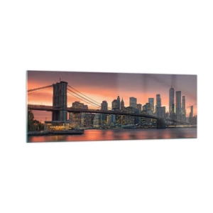 Glasbild - Bild auf glas - Nachtpanorama der Stadt mit einer Brücke und einem beleuchteten Himmel - 140x50cm - Eingetaucht in lila Stille - Moderne Wanddekoration für Wohnzimmer und Schlafzimmer ARTTOR