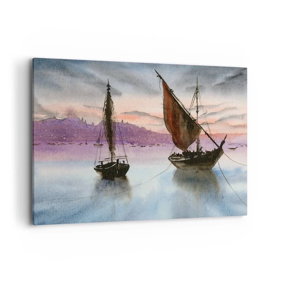 Bild auf Leinwand - Leinwandbild - Zwei Segelschiffe liegen in der Abenddämmerung auf ruhigem Wasser vor Anker - 100x70cm - Abend am Hafen - Moderne Wanddekoration für Wohnzimmer und Schlafzimmer ARTTOR
