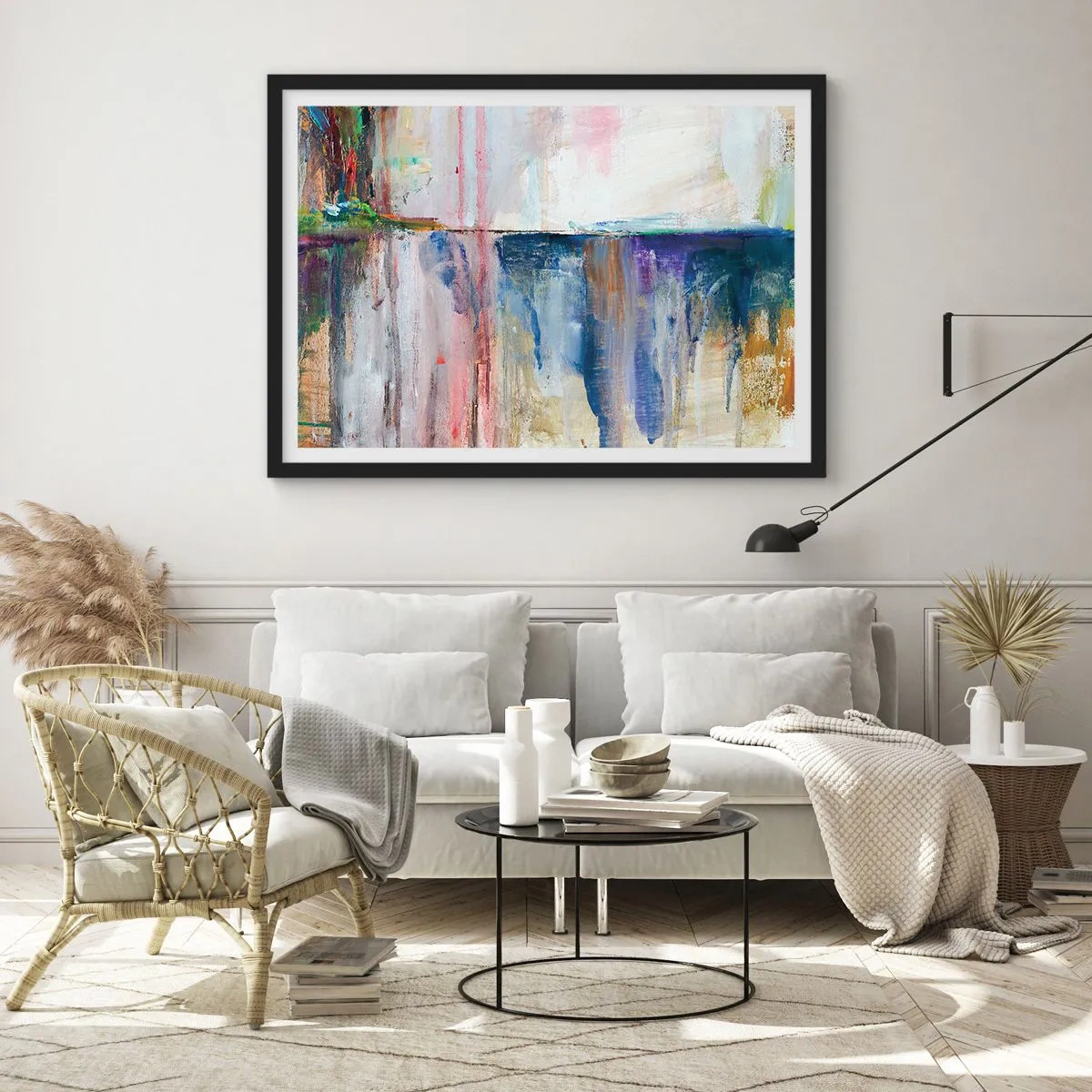 Poster in einem schwarzem Rahmen - Eine abstrakte Farbkomposition mit Reflexionseffekt auf der Leinwand. - 70x50cm - Bunte Eindrücke und Assoziationen - Moderne Wanddekoration für Wohnzimmer und Schlafzimmer ARTTOR