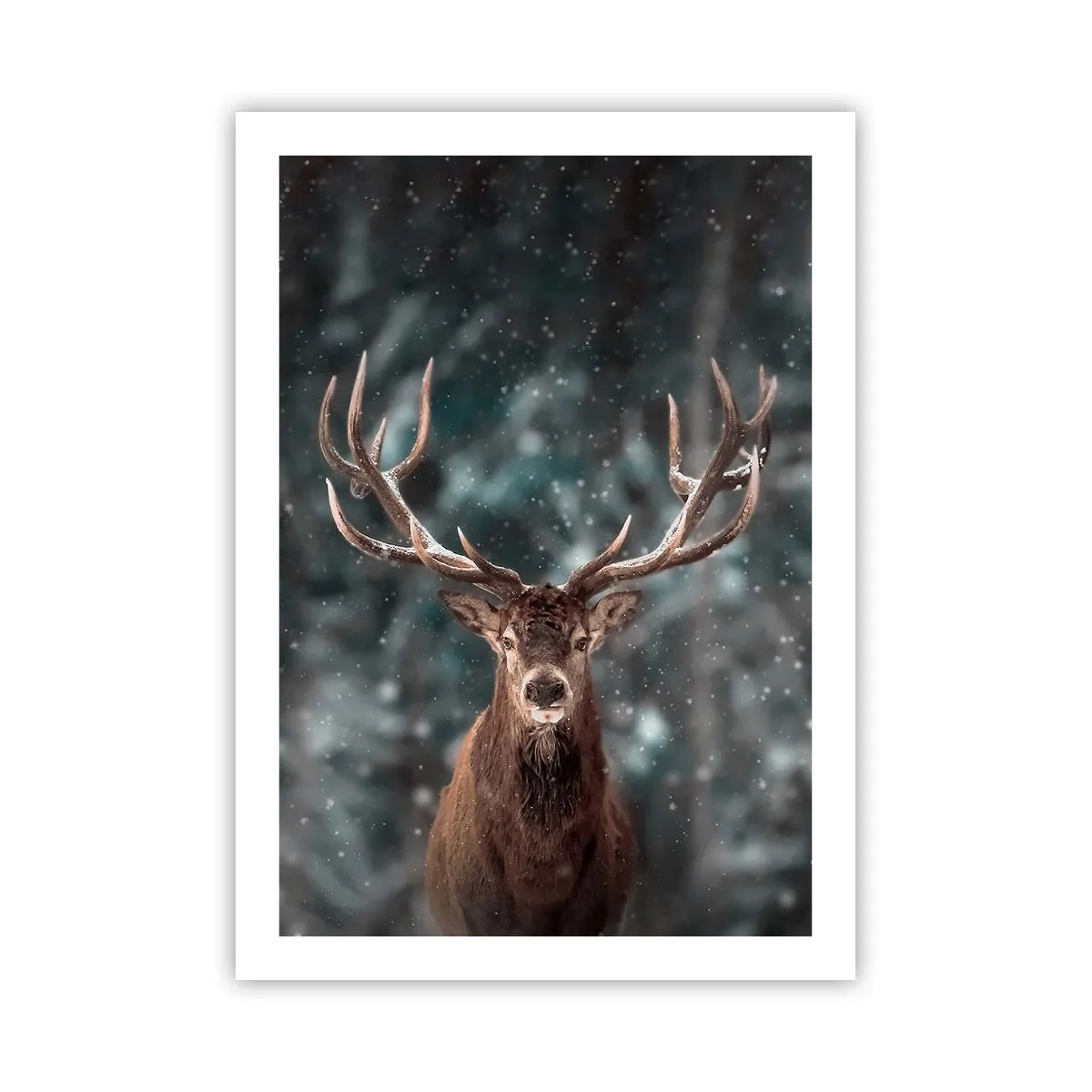 Poster - Porträt eines Hirsches mit beeindruckendem Geweih vor der Kulisse eines Winterwaldes - 50x70cm - Gekrönter König des Waldes - Moderne Wanddekoration für Wohnzimmer und Schlafzimmer ARTTOR