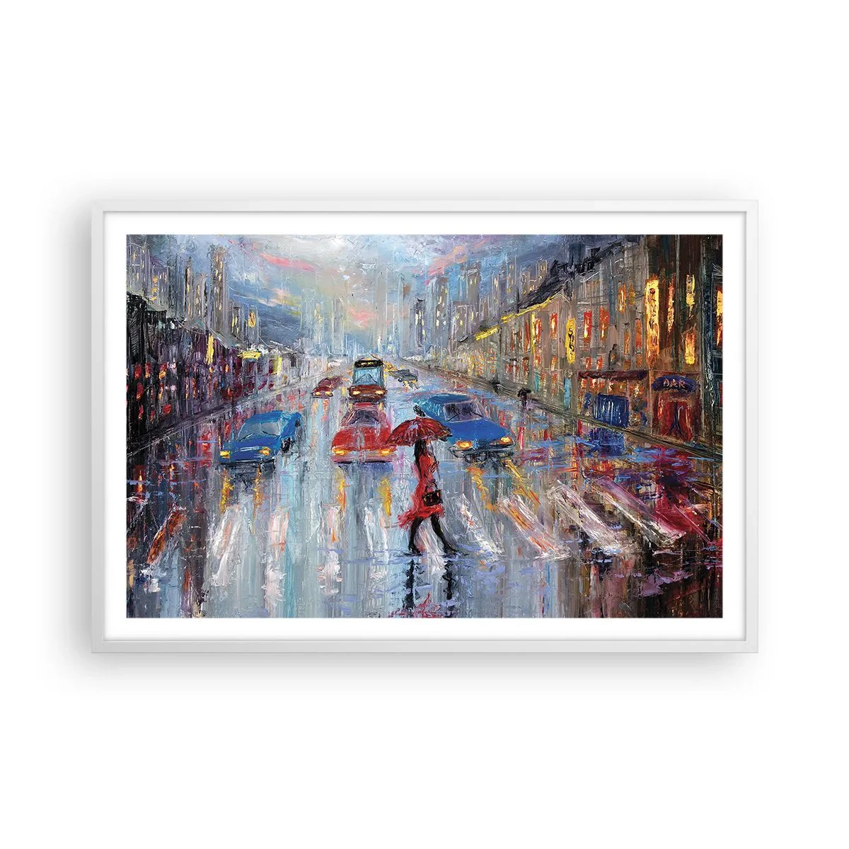 Poster in einem weißen Rahmen - Regnerischer Nachmittag in der Stadt - 91x61 cm
