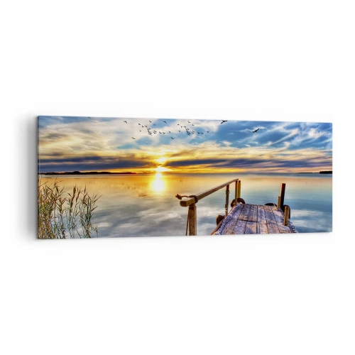 Bild auf Leinwand - Leinwandbild - Holzsteg über dem See bei Sonnenuntergang - 140x50cm - Der Wind geht zur Ruhe - Moderne Wanddekoration für Wohnzimmer und Schlafzimmer ARTTOR
