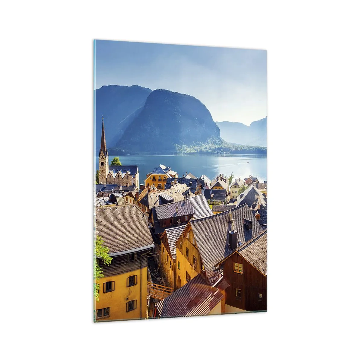 Glasbild - Bild auf glas - Ein malerisches Dorf an einem See, umgeben von Bergen an einem sonnigen Tag - 70x100cm - Es könnte nicht malerischer sein - Moderne Wanddekoration für Wohnzimmer und Schlafzimmer ARTTOR