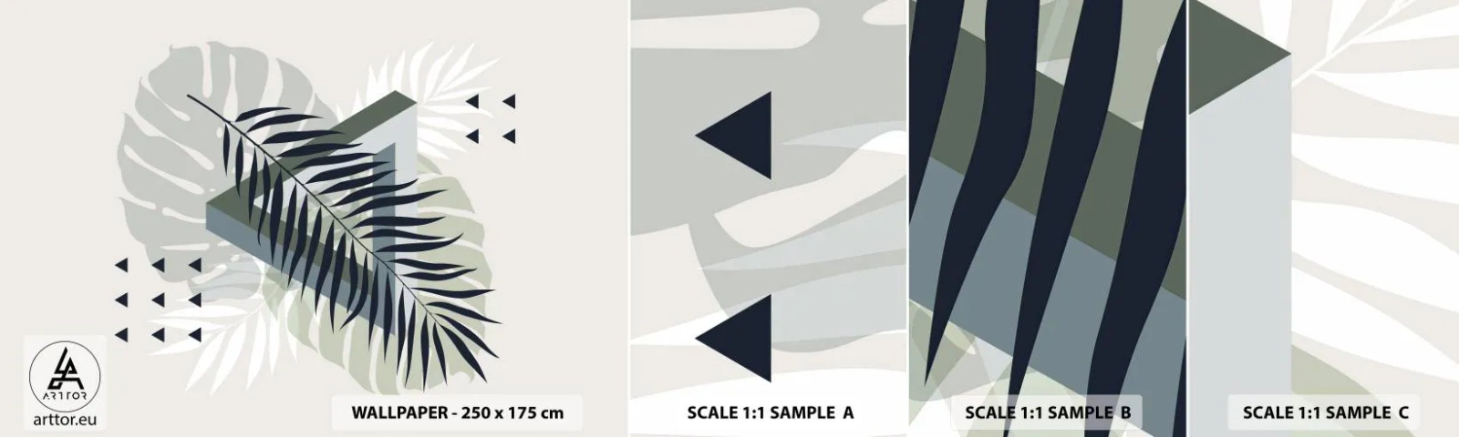 Fototapeten Muster Selbstklebend Deluxe Sticker - Natur und Geometrie – zwei Ordnungen? - Monstera-Blatt, Palmblatt, Grafik - 100x30 cm