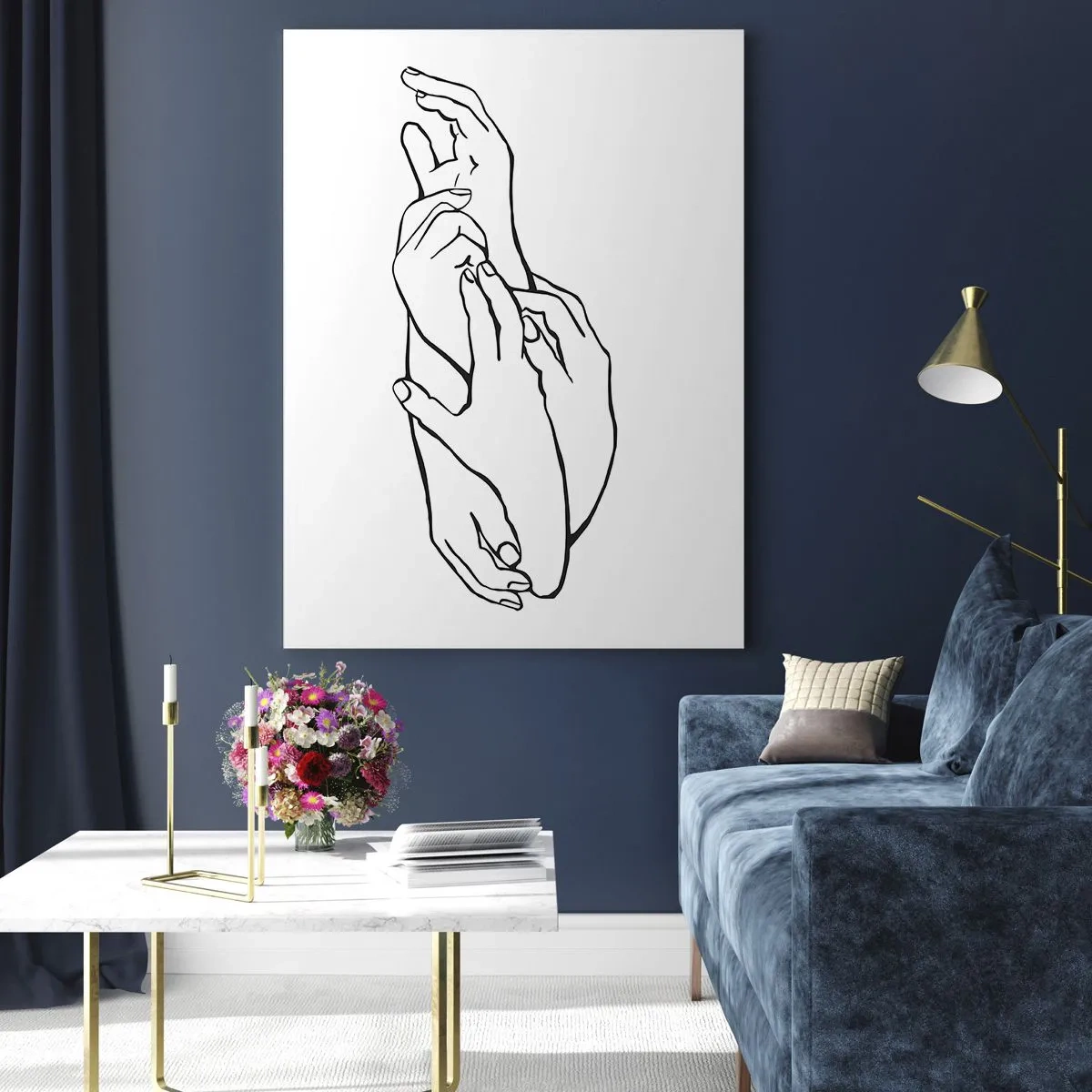 Glasbild - Bild auf glas - Eine subtile lineare Zeichnung gefalteter Hände auf weißem Hintergrund. - 50x70cm - Gute Geste - Moderne Wanddekoration für Wohnzimmer und Schlafzimmer ARTTOR