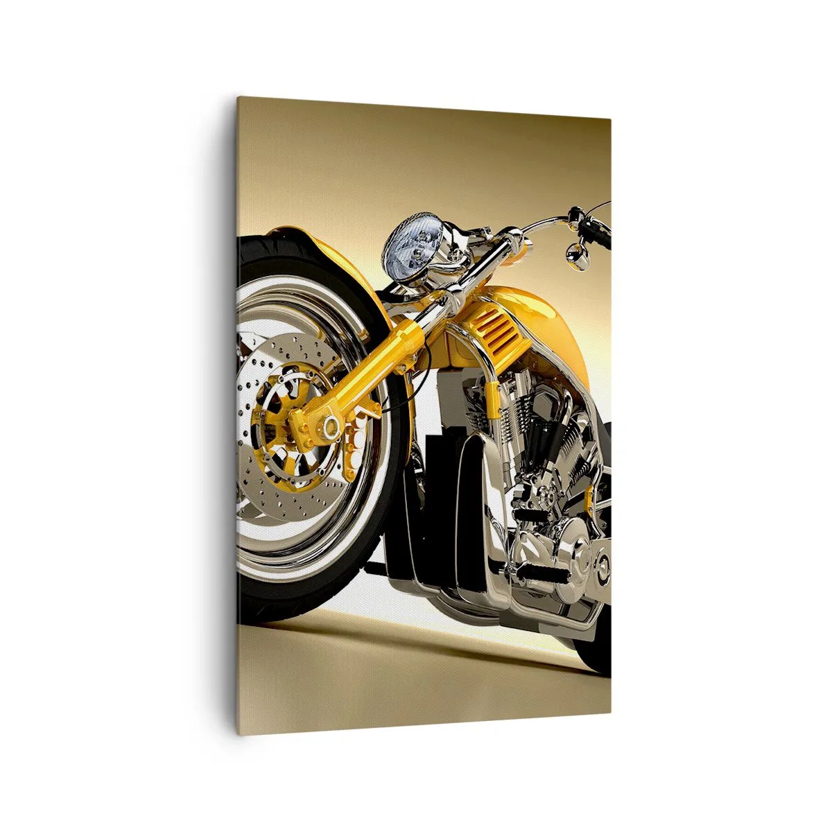 Bild auf Leinwand - Leinwandbild - Ein gelbes Motorrad im Chopper-Stil vor einer beigen Wand - 80x120cm - Ein Traum von Kraft und Geschwindigkeit - Moderne Wanddekoration für Wohnzimmer und Schlafzimmer ARTTOR