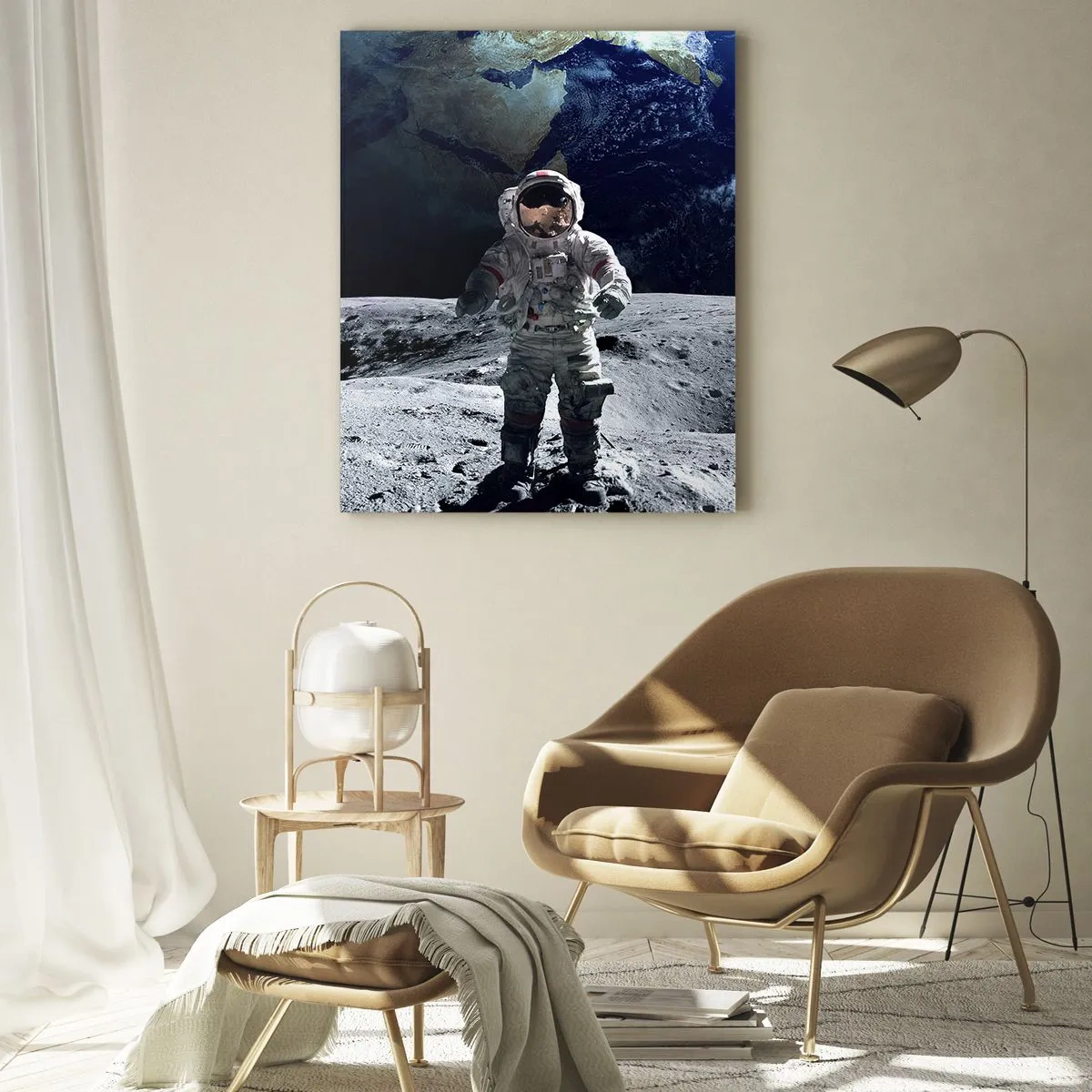 Glasbild - Bild auf glas - Astronaut auf der Mondoberfläche mit der Erde im Hintergrund - 50x70cm - Grüße vom Mond - Moderne Wanddekoration für Wohnzimmer und Schlafzimmer ARTTOR