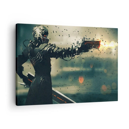 Bild auf Leinwand - Leinwandbild - Kybernetischer Krieger mit futuristischen Waffen - 70x50cm - Tödliche Waffe - Dein ganz eigener Terminator - Moderne Wanddekoration für Wohnzimmer und Schlafzimmer ARTTOR