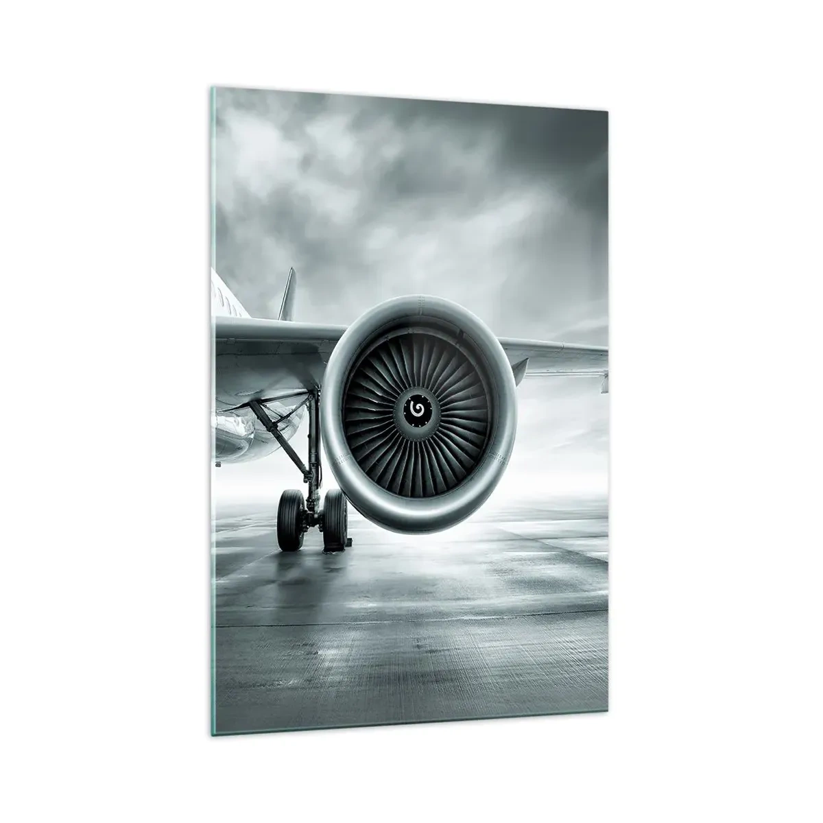 Glasbild - Bild auf glas - Das Düsentriebwerk eines Flugzeugs auf dem Rollfeld - 70x100cm - Die Macht ist da! - Moderne Wanddekoration für Wohnzimmer und Schlafzimmer ARTTOR
