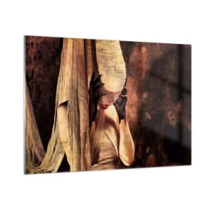 Glasbild - Bild auf glas - Eine geheimnisvolle Frau, umgeben von goldenen Stoffen - 100x70cm - Zwischen Gut und Böse - Moderne Wanddekoration für Wohnzimmer und Schlafzimmer ARTTOR