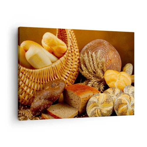 Bild auf Leinwand - Leinwandbild - Verschiedene Brotsorten in einem Weidenkorb auf goldenem Hintergrund - 70x50cm - Wir sind wieder davongekommen - Moderne Wanddekoration für Wohnzimmer und Schlafzimmer ARTTOR