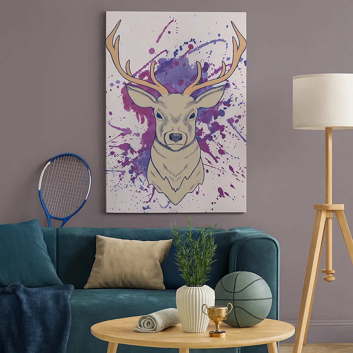 Bild auf Leinwand - Leinwandbild - Porträt eines Hirsches mit abstrakten Flecken im Hintergrund - 50x70cm - Mut und Ausgeglichenheit - Moderne Wanddekoration für Wohnzimmer und Schlafzimmer ARTTOR