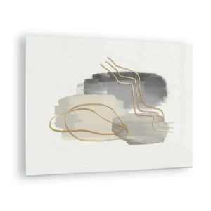 Glasbild - Bild auf glas - Abstraktion mit grauen Flecken und goldenen Linien auf hellem Hintergrund - 70x50cm - Dauer und Bewegung - Moderne Wanddekoration für Wohnzimmer und Schlafzimmer ARTTOR