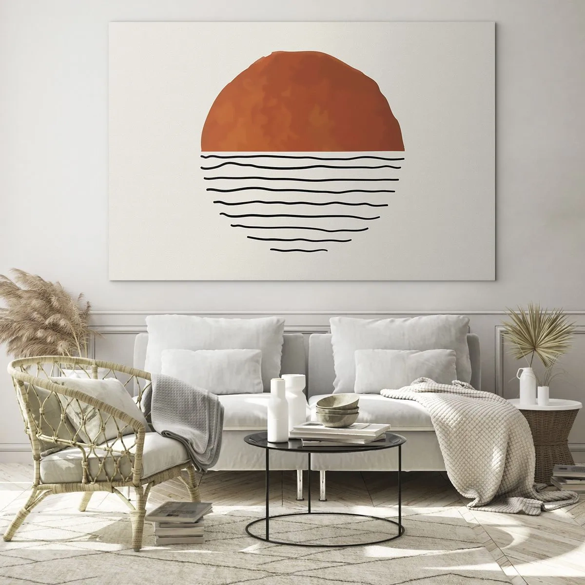 Glasbild - Bild auf glas - Minimalistische Sonne über der Wellenlinie - 120x80cm - Im japanischen Klima - Moderne Wanddekoration für Wohnzimmer und Schlafzimmer ARTTOR