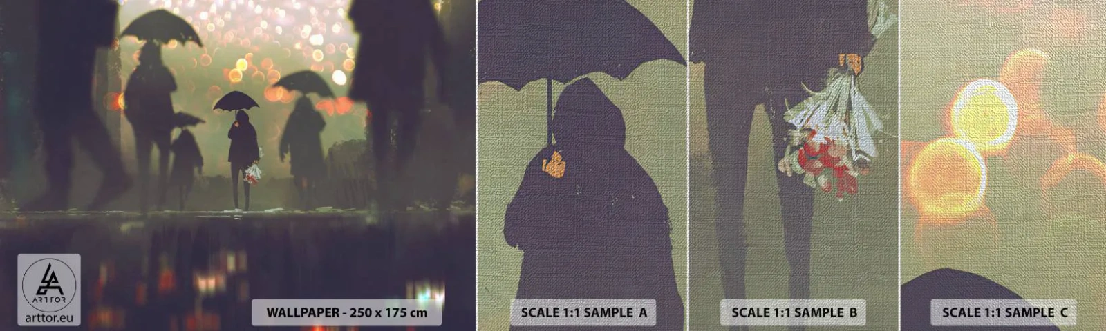 Fototapeten Muster Premium Canvas - Aus der Perspektive eines Regentropfens - Im Regen spazieren gehen, Menschen, Grafik - 100x30 cm