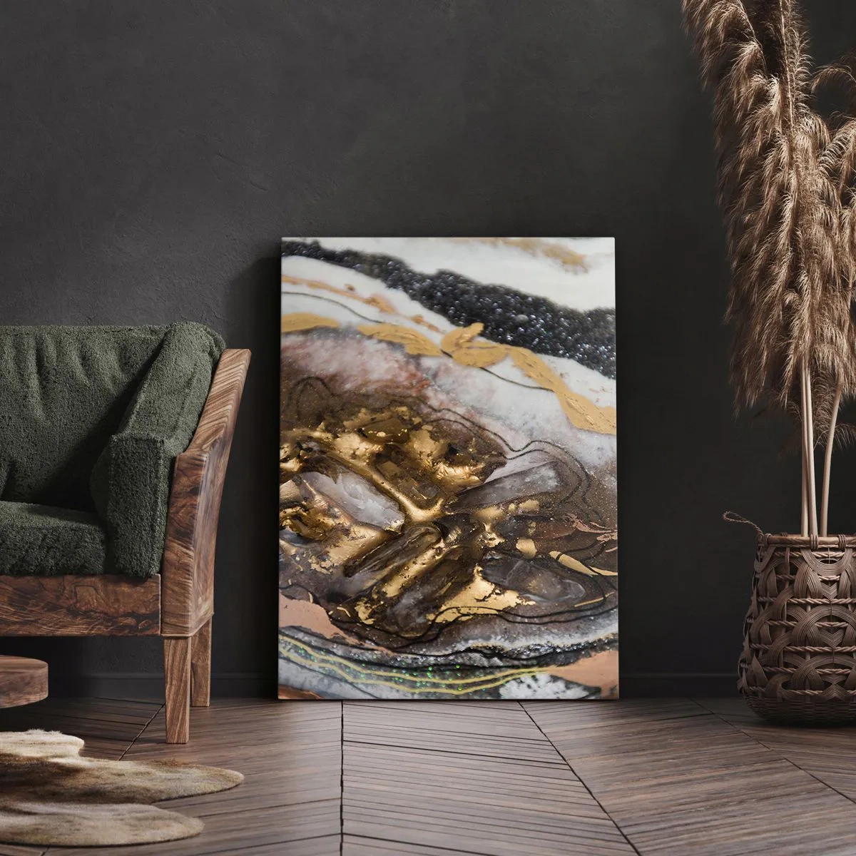 Bild auf Leinwand - Leinwandbild - Abstrakte Komposition mit Elementen aus Gold und Kristallen - 50x70cm - Das Element der Erde - Moderne Wanddekoration für Wohnzimmer und Schlafzimmer ARTTOR