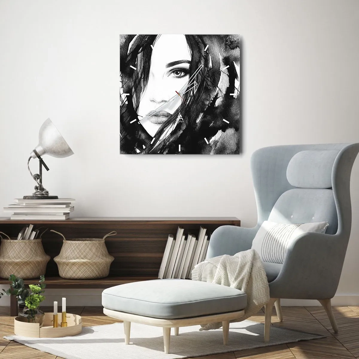 Wanduhr - Glasuhr - Porträt einer Frau in Schwarz-Weiß-Aquarell - 30x30cm - Porträt einer Dame in Schwarzweiß - Moderne Wanddekoration für Wohnzimmer und Schlafzimmer ARTTOR