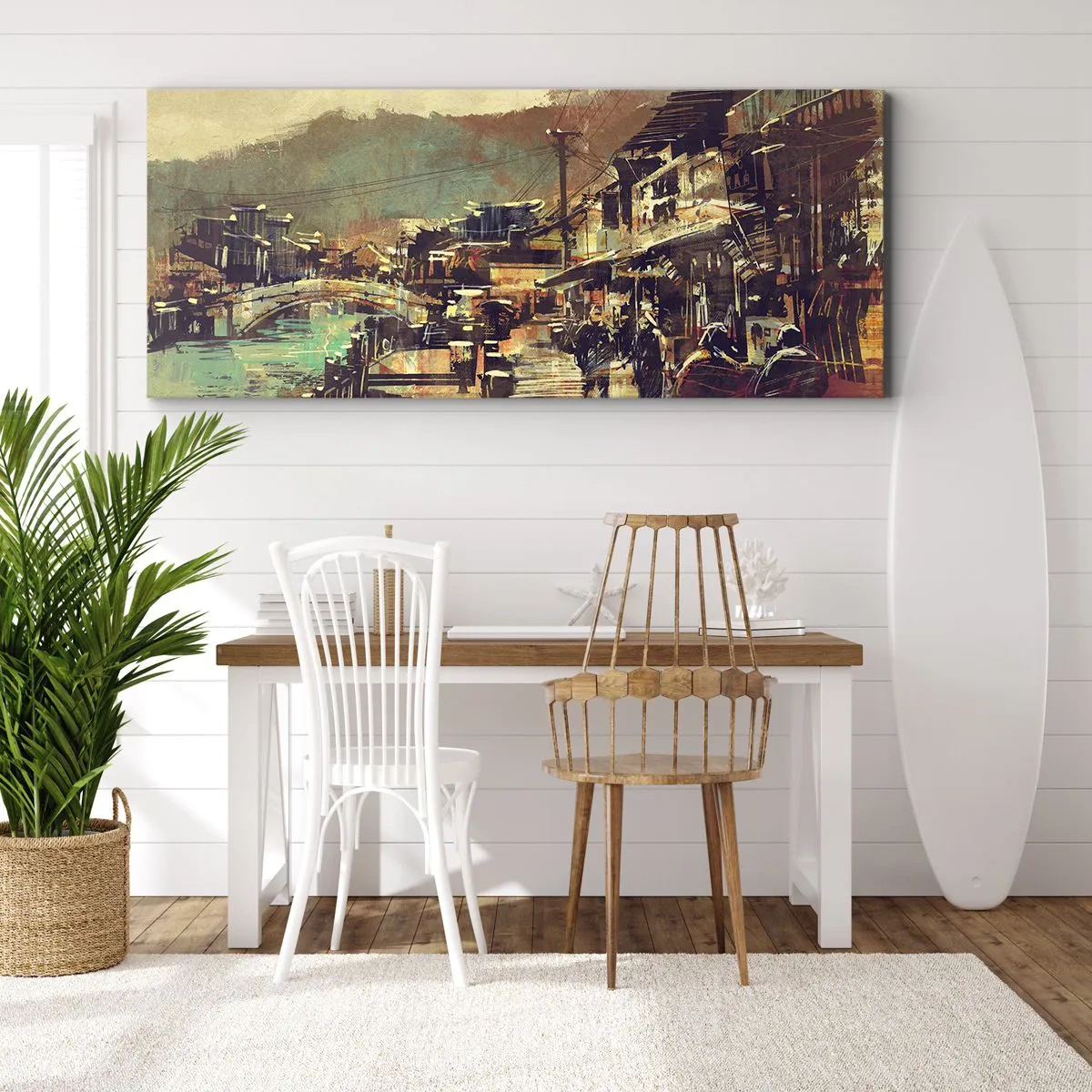 Bild auf Leinwand - Leinwandbild - Eine Stadt mit einer Brücke und kunstvoll gestalteten Straßen - 140x50cm - Das Leben als Reichtum an Grau - Moderne Wanddekoration für Wohnzimmer und Schlafzimmer ARTTOR