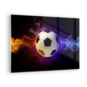 Glasbild - Bild auf glas - Ein Fußball, umgeben von bunten Streifen - 70x50cm - Die magische Kraft des Spiels - Moderne Wanddekoration für Wohnzimmer und Schlafzimmer ARTTOR