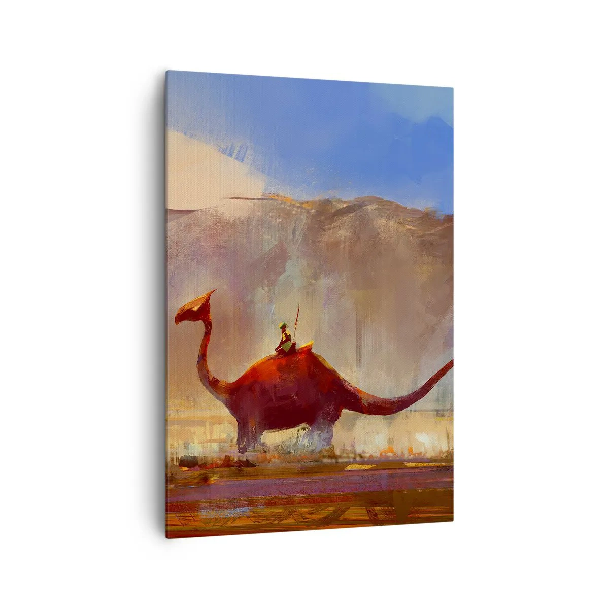 Bild auf Leinwand - Leinwandbild - Eine Fantasy-Szene mit einem Reiter auf einem prähistorischen Wesen - 70x100cm - Wenn sie nicht ausgestorben wären - Moderne Wanddekoration für Wohnzimmer und Schlafzimmer ARTTOR