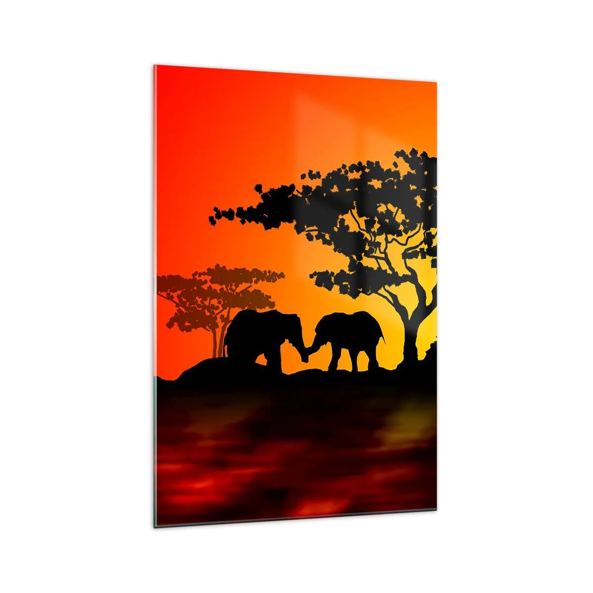 Glasbild - Bild auf glas - Afrikanischer Sonnenuntergang mit Silhouetten von Elefanten und Giraffen über dem Wasser - 70x100cm - Treffen in der Savanne - Moderne Wanddekoration für Wohnzimmer und Schlafzimmer ARTTOR