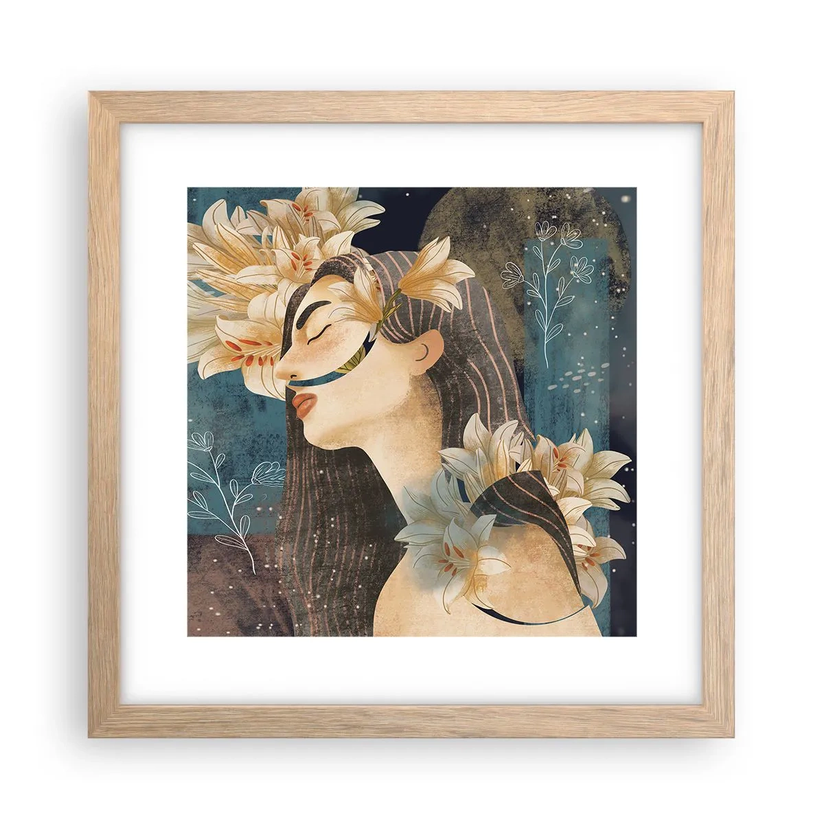 Poster in einem Rahmen aus heller Eiche - Ein Märchen über eine Prinzessin mit Lilien - 30x30 cm