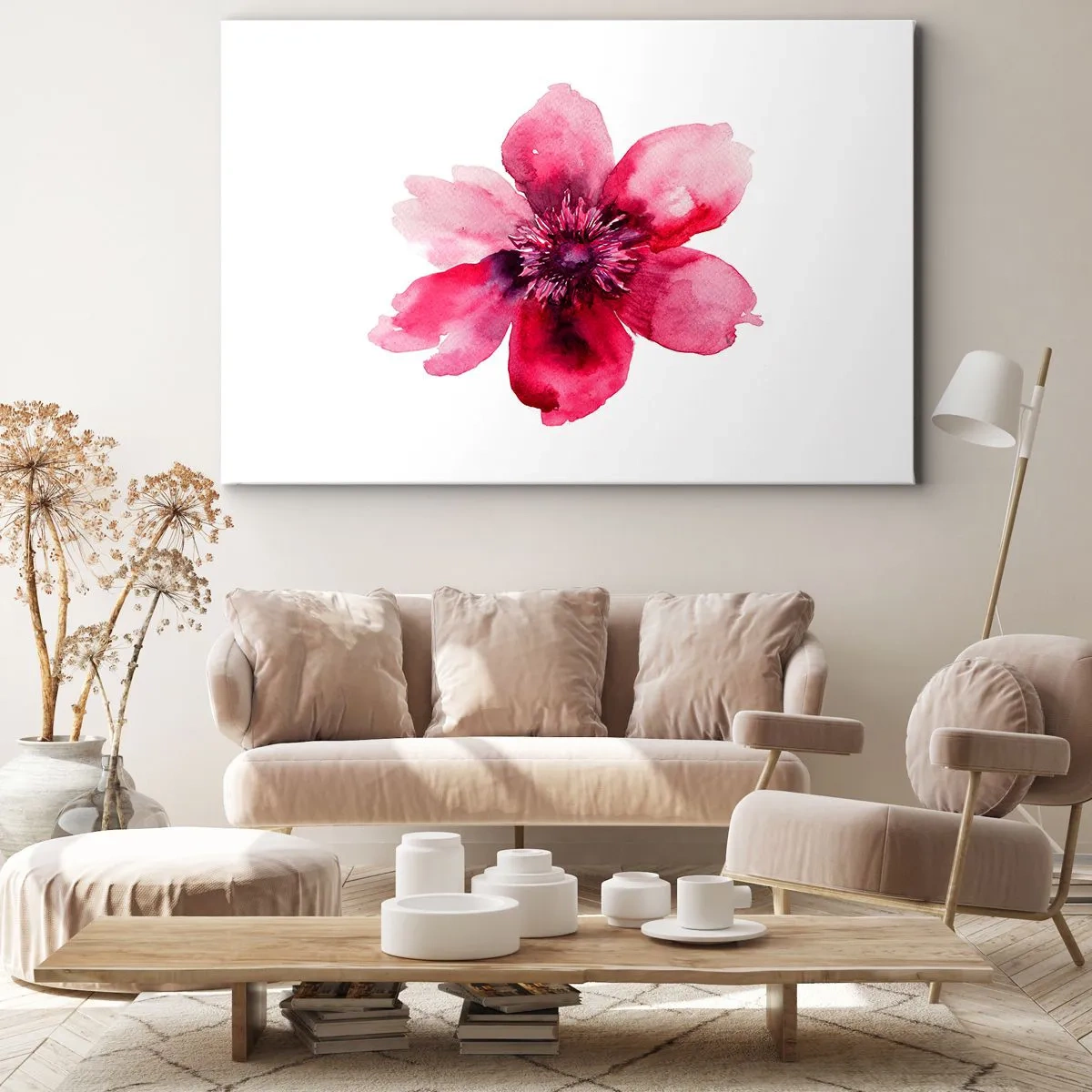 Bild auf Leinwand - Leinwandbild - Rosa Blume im Aquarellstil auf weißem Hintergrund - 70x50cm - Ein nach Karmin duftender Kuss - Moderne Wanddekoration für Wohnzimmer und Schlafzimmer ARTTOR