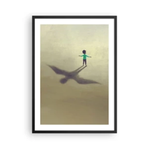 Poster in einem schwarzem Rahmen - Ein Kind mit dem Schatten eines Vogels vor einem pastellfarbenen Himmel - 50x70cm - Der Held der Zukunft - Moderne Wanddekoration für Wohnzimmer und Schlafzimmer ARTTOR