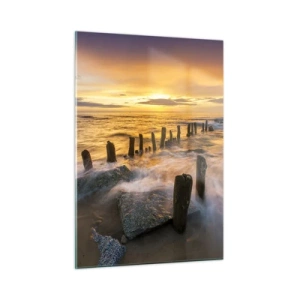 Glasbild - Bild auf glas - Sonnenuntergang über dem Meer mit Holzpfählen am Strand - 50x70cm - Die raue Schönheit der Ostsee - Moderne Wanddekoration für Wohnzimmer und Schlafzimmer ARTTOR