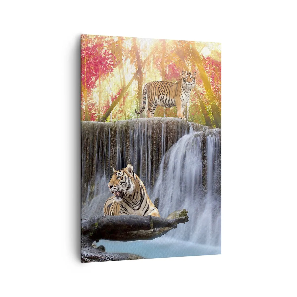 Bild auf Leinwand - Leinwandbild - Tiger an einem Wasserfall im Herbstwald - 70x100cm - Surreale Landschaft - Moderne Wanddekoration für Wohnzimmer und Schlafzimmer ARTTOR