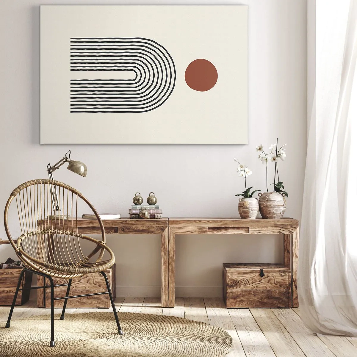 Bild auf Leinwand - Leinwandbild - Modernes abstraktes Muster mit Linien und einem roten Kreis - 70x50cm - Magnetismus von Formen und Farben - Moderne Wanddekoration für Wohnzimmer und Schlafzimmer ARTTOR